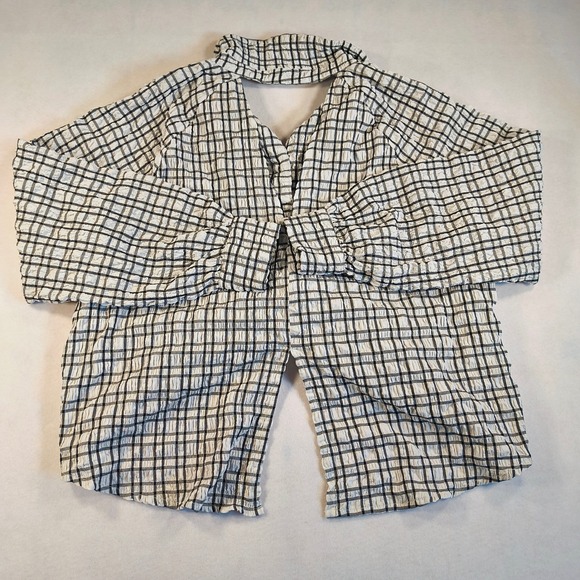 Steve Madden Womens Plaid Button Up Shirt L Black White Check Long Sleeve Top - Picture 4 of 12